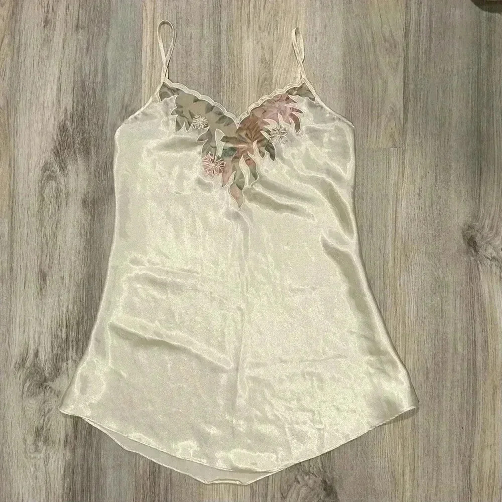VINTAGE Silk Ivory Floral-Embroidered Chemise Slip